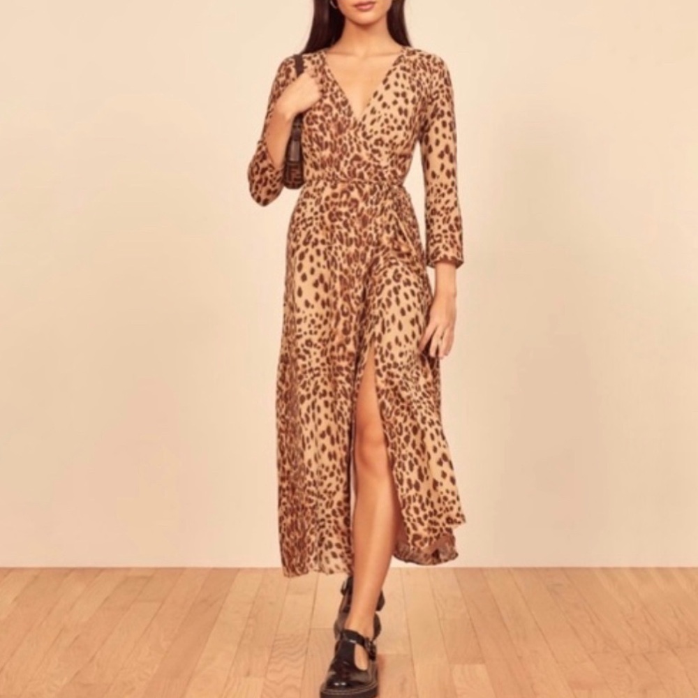 Reformation Alessandra Leopard Print Long Sleeve Wrap Midi Maxi Dress Medium NWT